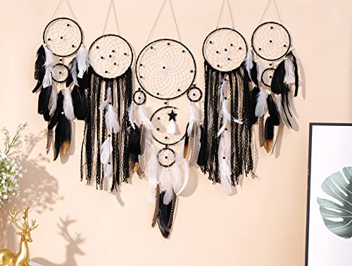 Black 5 Pack Dream Catchers Boho Wall Decor Moon Sun Set - Handcrafted