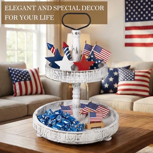 White Rustic Wooden Tiered Serving Tray 18.5x12.5 Farmhouse Decor Cupcake Stand