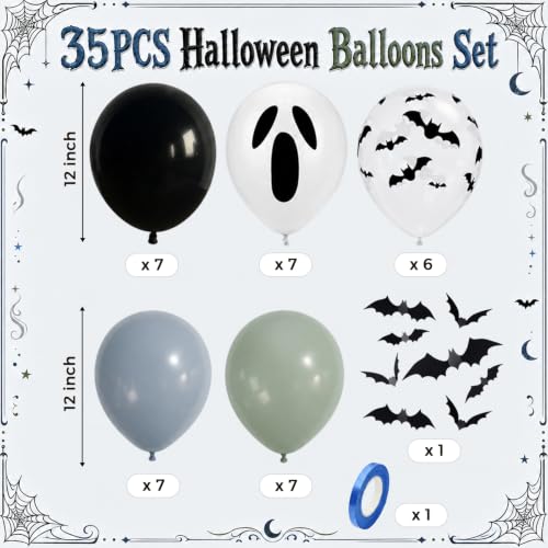 Halloween Latex Balloons Set - Black Blue Green Ghost Bat Prints, 35 Pack with Bat Stickers