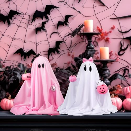 Pink Halloween Ghost Decorations - 12in Girlie Pumpkin Ghost Figurines, Set of 2