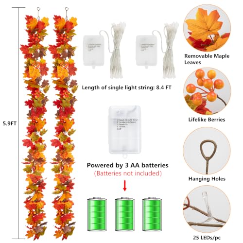 Fall Garland with Lights - 11.8ft Maple Leaf Wreath for Autumn Decor