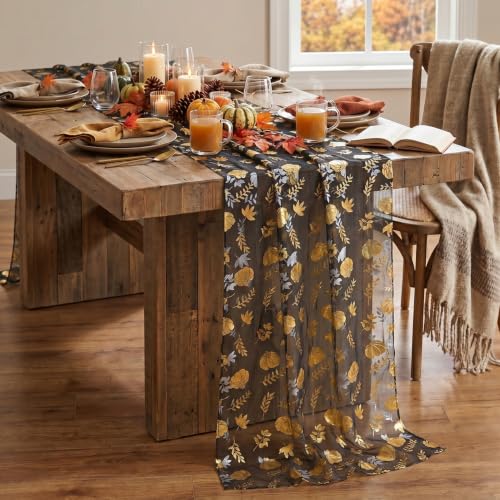 Artoid Mode Fall Gauze Table Runner 120 Inch Black Gold with Metallic Foil Leaves