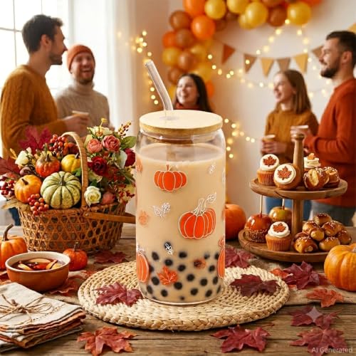 Fall Pumpkin Glass Cup - Halloween Thanksgiving Autumn Gift Set with Straw & Brush - Pumpkin Variation