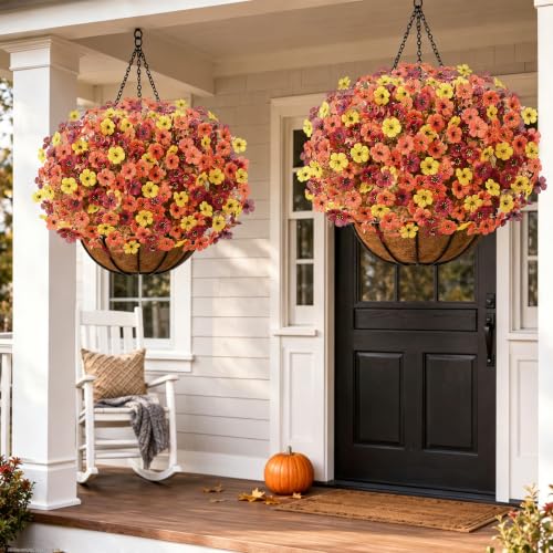Artificial Mums Flowers Outdoor Fall Decor 24 Bundles - Orange Yellow Brown