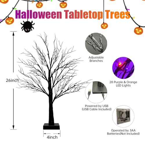 Halloween Decorations Indoor, 2 Pack 26-Inch Black Halloween Trees with Orange & Purple LED Lights - USB & Battery Powered, Spooky Tabletop Decor, Orange Purple Variation