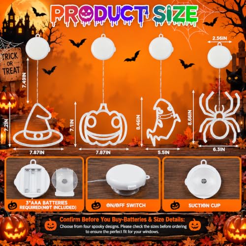Halloween Window Lights 4 Pack - Pumpkin Ghost Spider Witch Hat Decor - Orange Purple Green