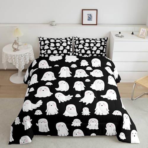Halloween Ghost Comforter Set - Cute White Spooky Bedding for Kids & Teens Queen Variation 064