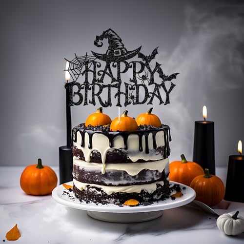 Halloween Birthday Cake Topper Witch Bat Spider Glitter Decor - Black
