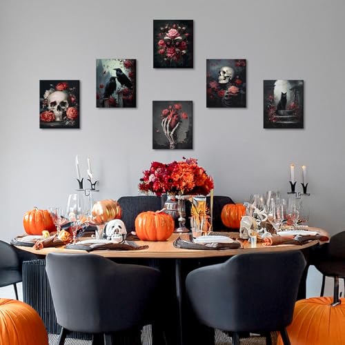 Halloween Skull & Floral Framed Canvas Wall Art Set - 8x10 Inches, Moody Dark Rose Theme, Halloween Home Decor