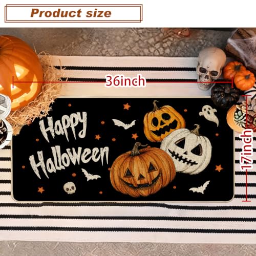 Halloween Ghost Doormat with Pumpkins Bat Welcome Mat 17x36 Inch Non-Slip Indoor Outdoor Seasonal Entryway - Variation: Three Pumpkins 1.5x3 ft