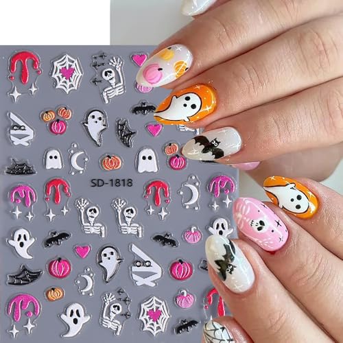 Halloween Nail Stickers - 5D Embossed Owl Witch Ghost Skull Spider Web Design - Style2 - 6 Sheets