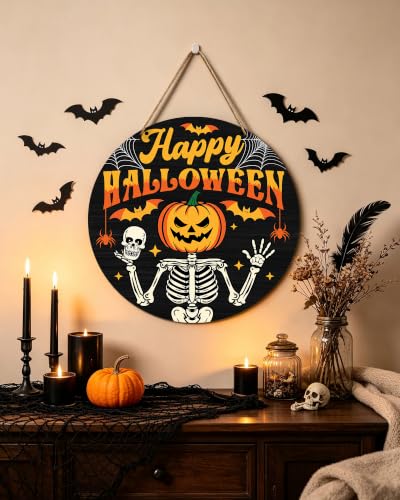Halloween Wooden Door Sign - Skeleton Pumpkin Spooky Holiday Decor 12x12 Inches