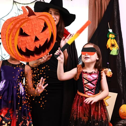 Halloween Pumpkin Piñata with Stick & Confetti - Orange Folding Party Decoration - Pumpkin Variation