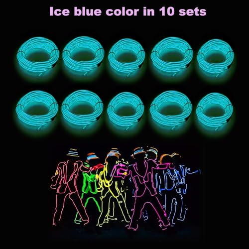 MaxLax EL Wire Ice Blue 9ft 10-Pack - Neon Light Wire with Noise Reduction