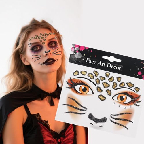 Leopard Face Stickers Halloween Face Tattoo with Rhinestones - Variation 01