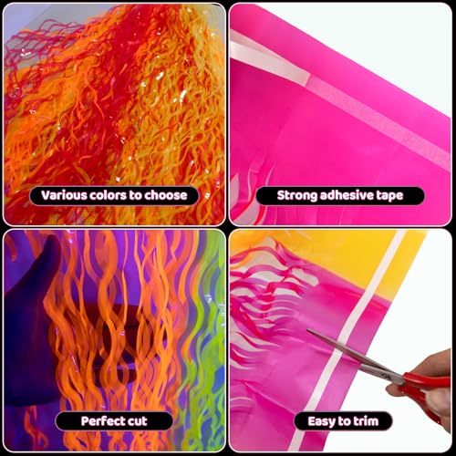 Neon Fluorescent Metallic Tinsel Foil Fringe Table Skirts - 2 Pack, Glow in Dark Party Decor