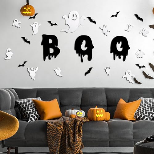 Halloween Ghost Wall Decor Set - 25 Reusable 3D Stickers & Bats - Boo Letters
