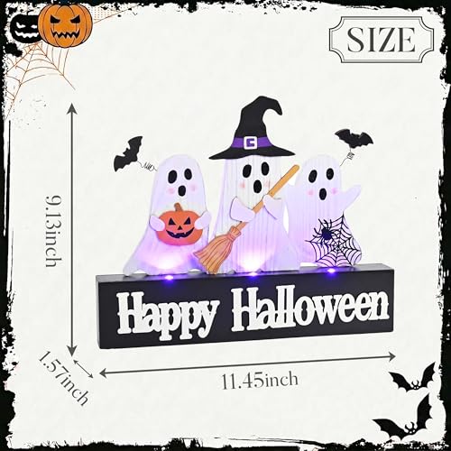Large Halloween Ghost Decor with Purple LED Lights - Tabletop Sign with Witch Hat Broom Bats Jack O Lantern, Indoor Home Party Halloween Decoration