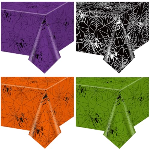 Halloween Spider Web Plastic Tablecloths 4 Pack | Waterproof Festive Table Cover