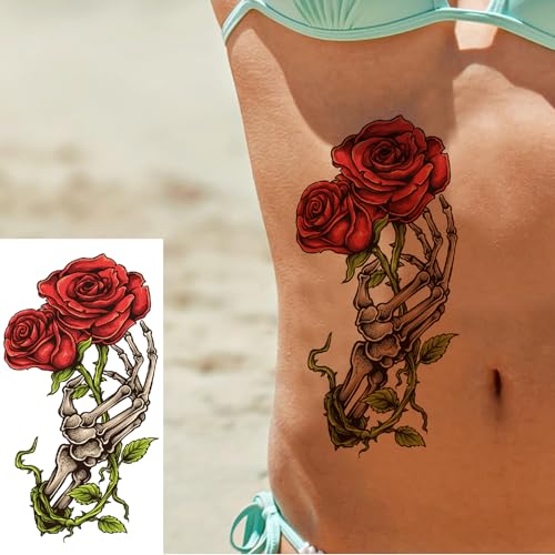 Large Red Rose Temporary Tattoos for Women - 10 Sheets, Waterproof & Long-Lasting, Arm & Thigh Body Art, Variation: Red Rose
