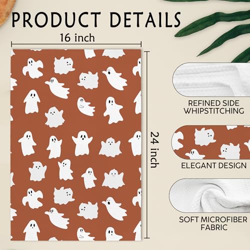Halloween Ghost Kitchen Towels Set of 2 - Burnt Orange Fall Hand Dish Towels