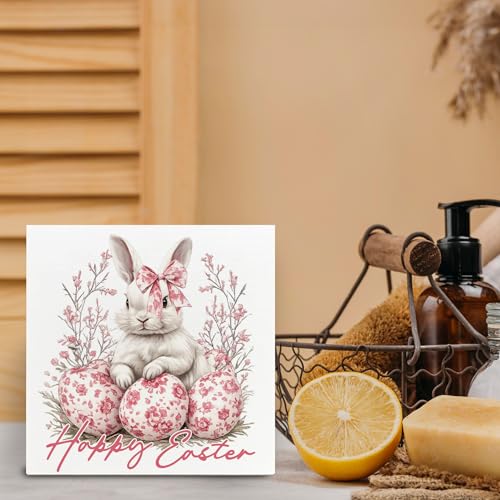 Pink Bunny Wooden Sign - Easter Decor, Holiday Tabletop Gift, 5x5 Inch