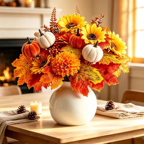 Autumn Artificial Floral Picks Set - 6 Pack Fall Silk Flowers with Pumpkins Sunflowers & Maple Leaves for Decor