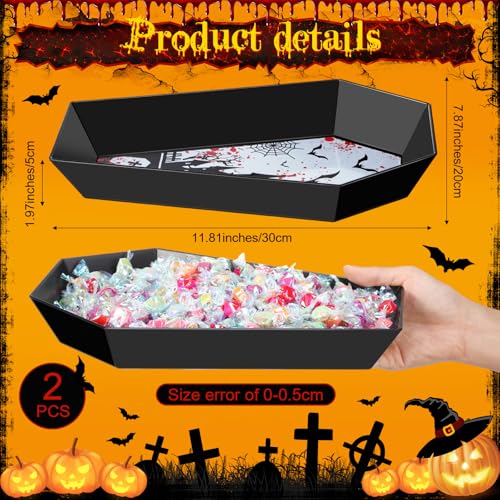 Halloween Gothic Coffin Shaped Candy Bowl Set - Black Plastic 2-Pack with Blood & Bat Prints - Castle Variation