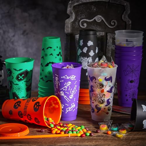 30 Pack Halloween Plastic Cups with Lids & Straws - 24 oz Ghost Design