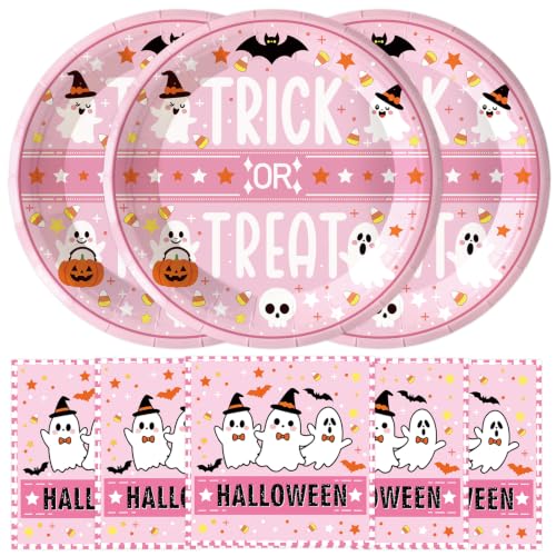 Halloween Ghost Paper Plates and Napkins Set - Classic Trick or Treat Design