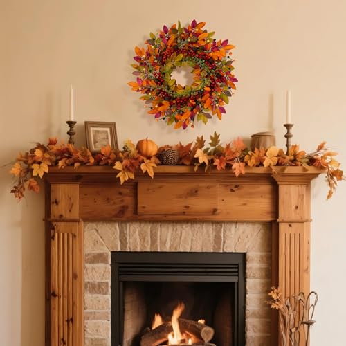 22 Inch Fall Berry Wreath for Front Door Outdoor Decor with Red Berries