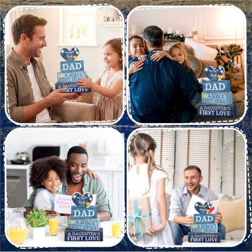 Father's Day Wooden Sign Set - Dad Block Signs Farmhouse Decor, 4 Pieces