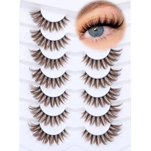 Wispy Brown Cat Eye False Eyelashes - 11-18mm Full Strip, CD Curly, 7 Pairs, B.wispy Style