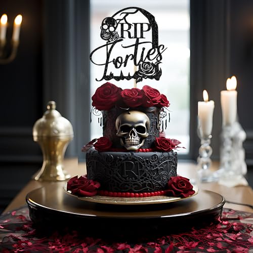 Rip Forties Cake Topper - Black Glitter Rip to My 40s Birthday Decorations