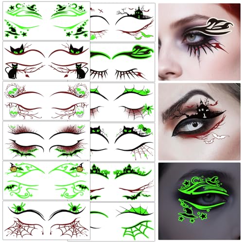 Halloween Luminous Eye Tattoo - 12 Pc Spooky Lash & Face Makeup Designs