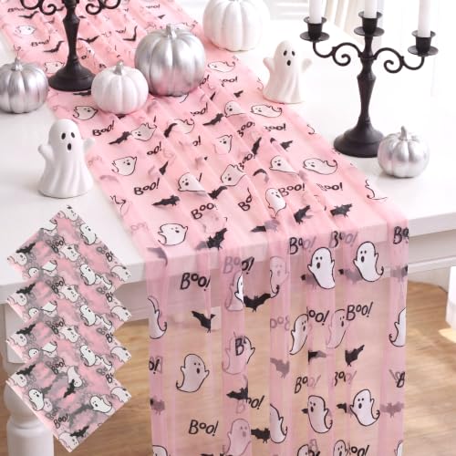 Ghost Pink Halloween Table Runners 29x70 in - Set of 4 with Ghosts & Bats - Variation: Ghost