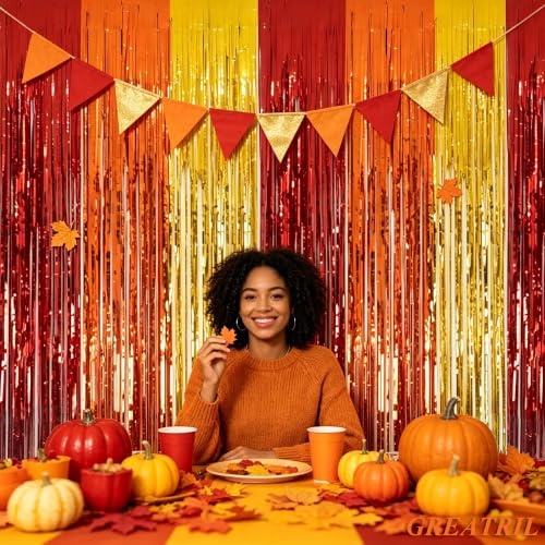 Fall Decor Foil Fringe Curtain Set - Red Orange Gold, 2 Pack