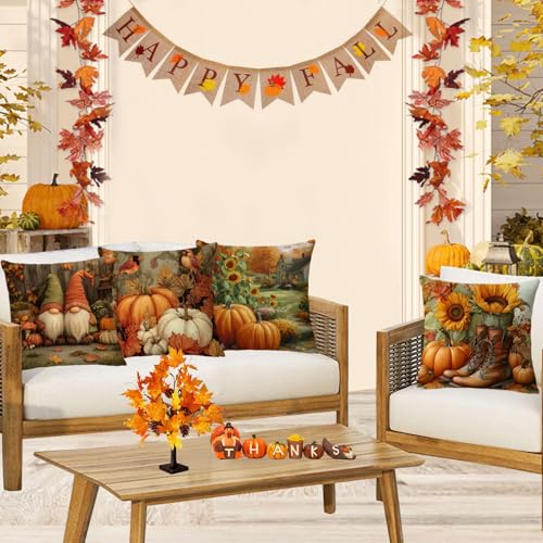 Fall Throw Pillow Covers 14x14 Set of 4 Pumpkin Sunflower Gnome Autumn Farmhouse