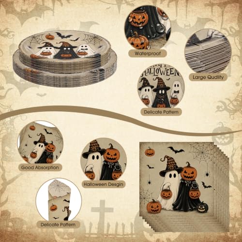 Halloween Disposable Tableware Set - 168 Pcs Ghost Pumpkin Plates Cups Napkins Cutlery