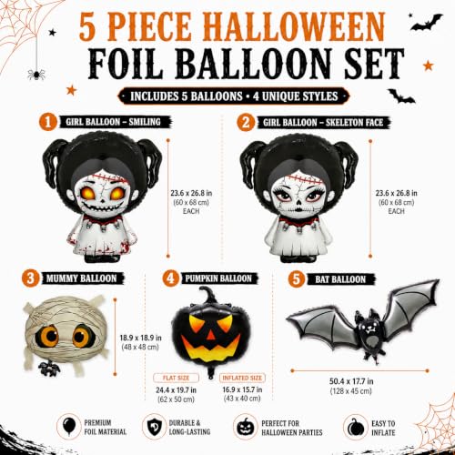 Halloween Foil Balloons Set - Mummy Bat Pumpkin Horror Doll 5 pcs