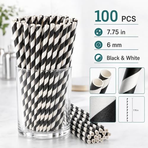 Black Striped Paper Drinking Straws - 100 Pack for Weddings & Parties