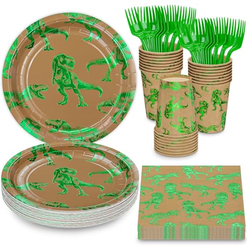 Green Foil Dinosaur Disposable Party Tableware Set for Kids Birthday, Serves 24