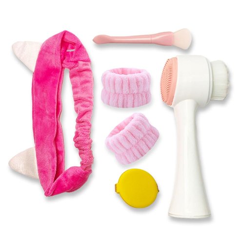 Manual Facial Cleansing Brush, Face Washing Tools,Headbands, Wrist Band ，Facial Mask Brush and Powder Puff（Pink