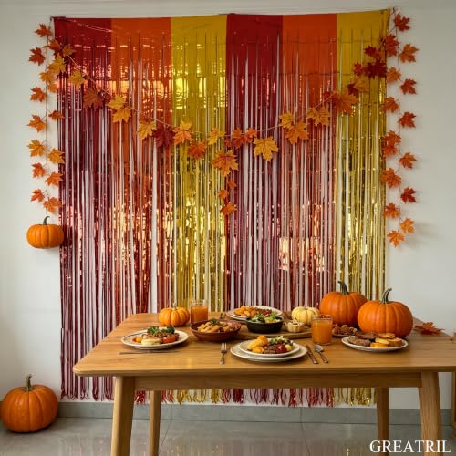 Fall Decor Foil Fringe Curtain Set - Red Orange Gold, 2 Pack