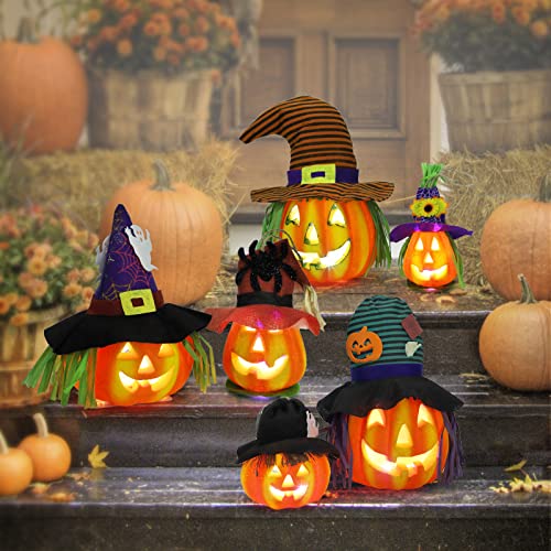 Halloween Light Up Jack-o'-Lantern Set - 6 Pack Indoor Outdoor Pumpkin Decorations