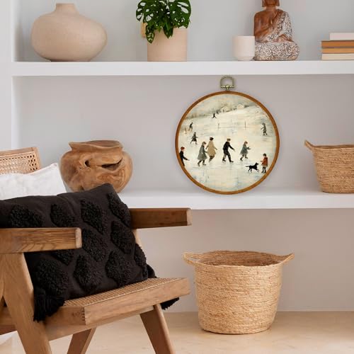 Winter Ice Skating Wall Art Decor - Round Canvas Framed for Home & Living Room