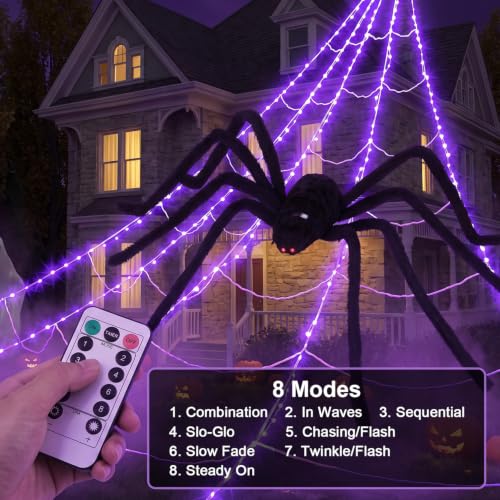 Halloween Spider Web Lights Outdoor with 250 Purple LEDs & Fuzzy Spider - 16.4ft Web Decor Set