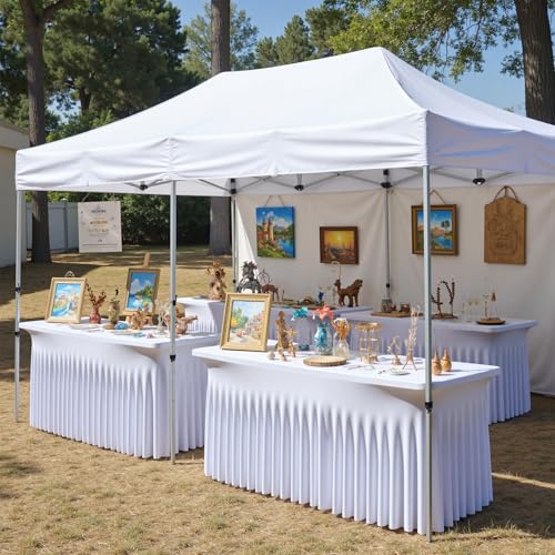 White Spandex Tablecloth 4ft with Ruffle, 2 Pack - Fitted Stretch Table Covers for 6ft Rectangular Tables, Wrinkle-Free Party & Wedding Decor