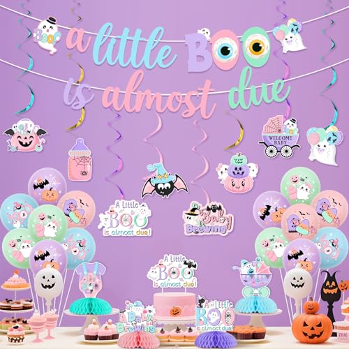 Pastel Halloween Baby Shower Decorations with Banner, Cake Topper & Balloons - A Little Boo Is Almost Due - Variation of Pastel Baby Shower