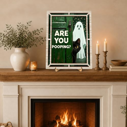 Are You Pooping? Halloween Cat Ghost Wooden Bathroom Sign - Funny Wall Decor - Are